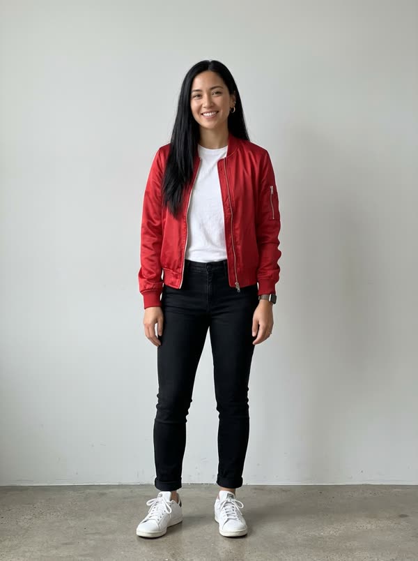 Input photo 1: fictional woman with long black hair wearing a red satin bomber jacket