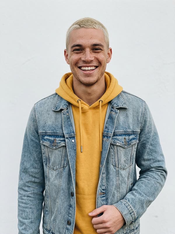 Input photo 3: fictional young man with a bleached buzz cut wearing a denim jacket over a yellow hoodie